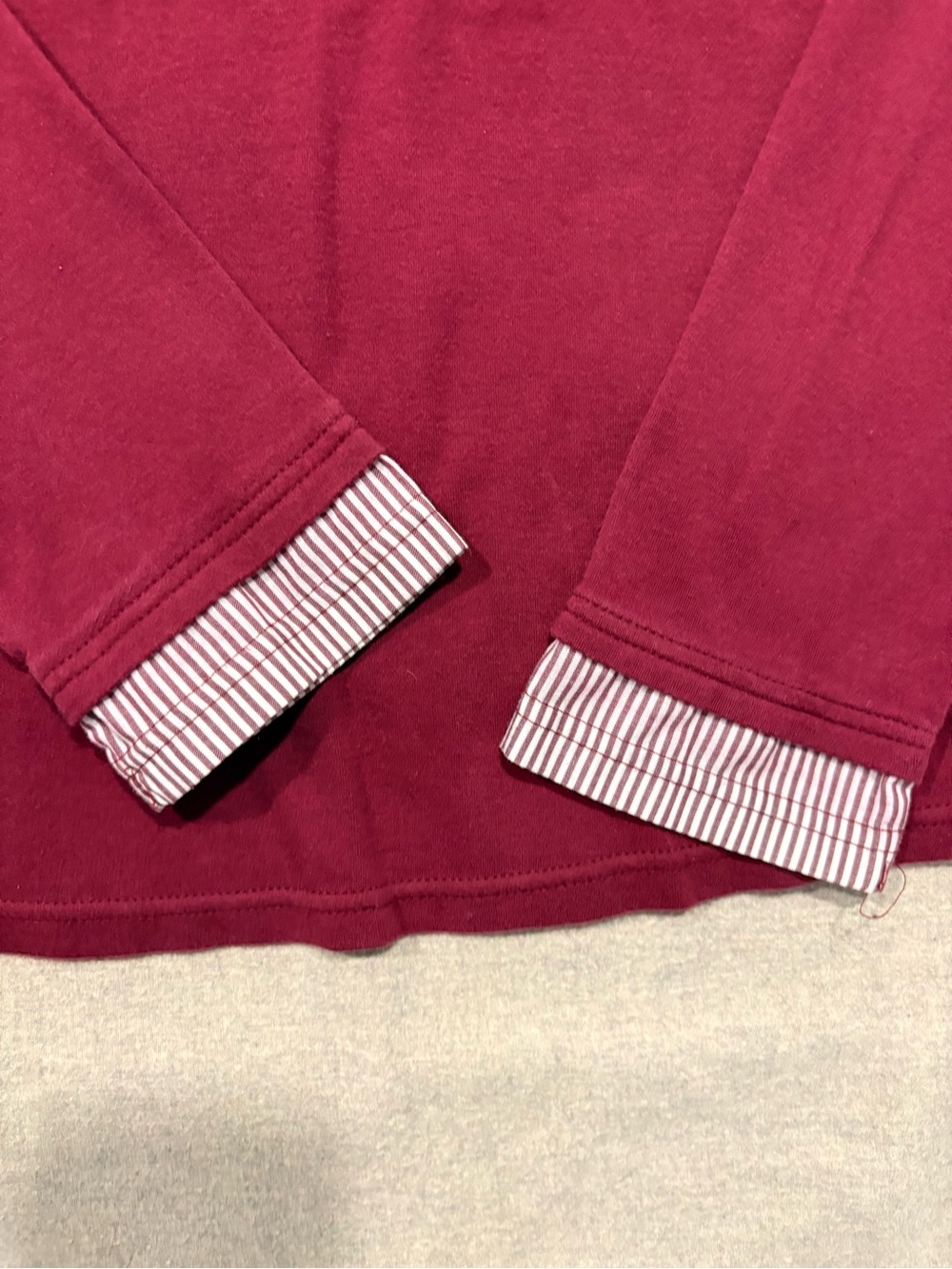 Vintage Layered-Look V-Neck Fooler Sweater with Striped Collar - Burgundy. Large - Picture 4 of 12